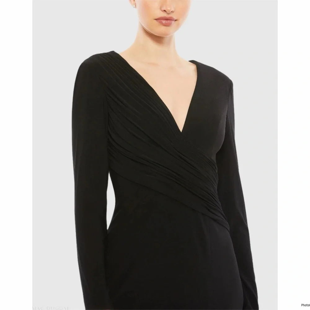 IEENA FOR MAC DUGGAL Black Jersey Asymmetrical Ruched Gown with Rhinestones Sz 8 - Picture 3 of 11